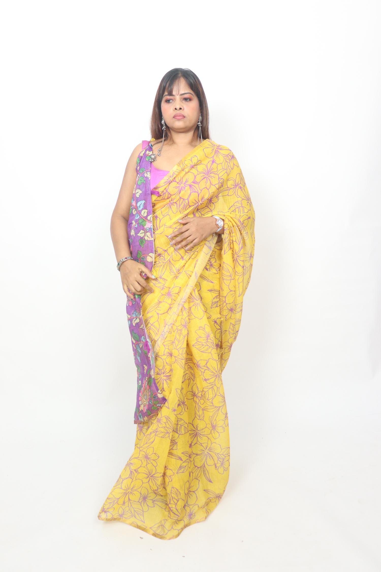 Yellow Purple Floral Saree