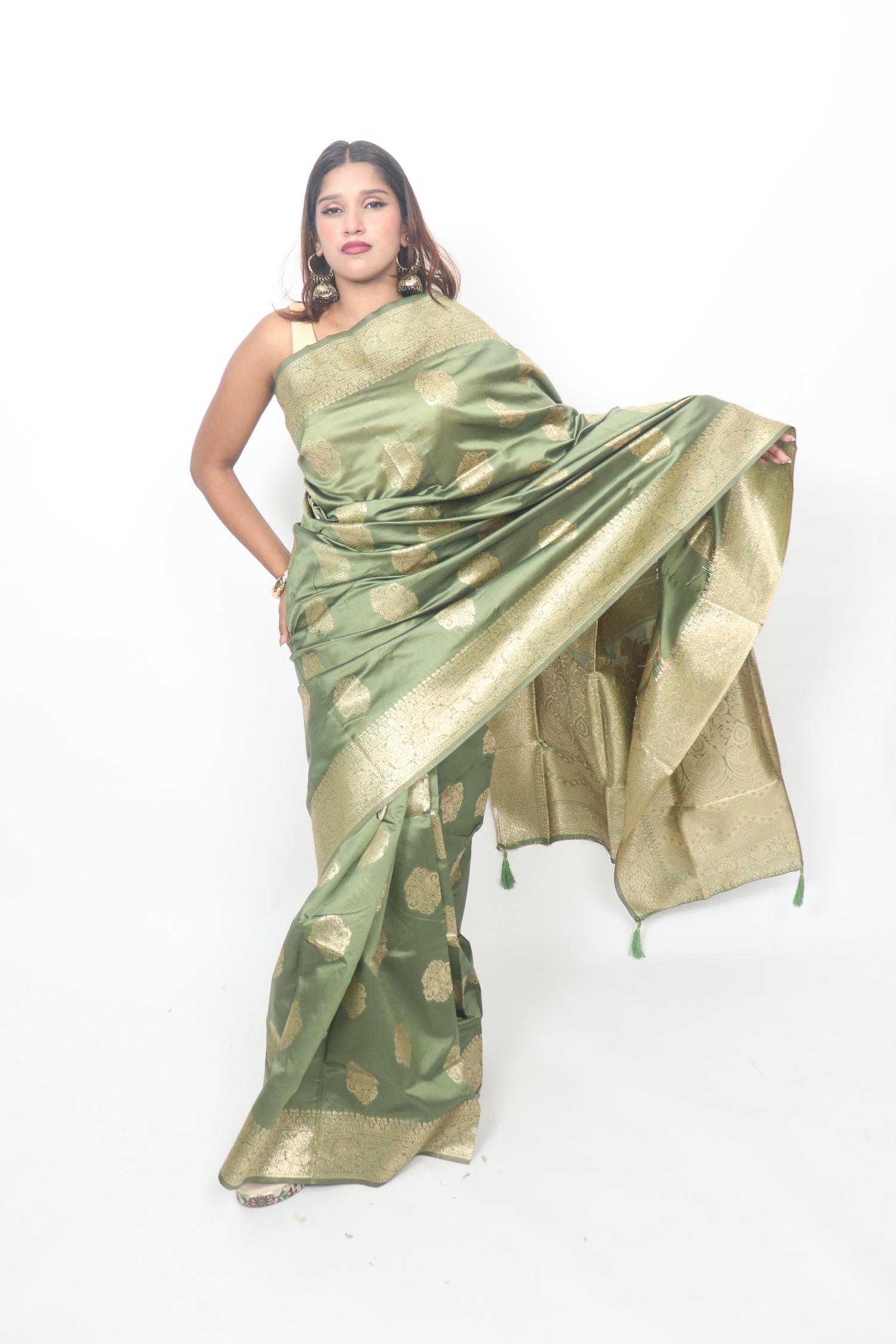 Sage Green Gold Brocade Saree