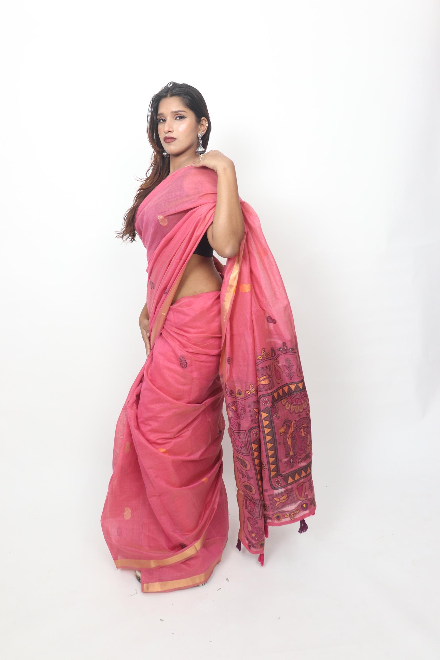 Coral Pink Folk Art Saree
