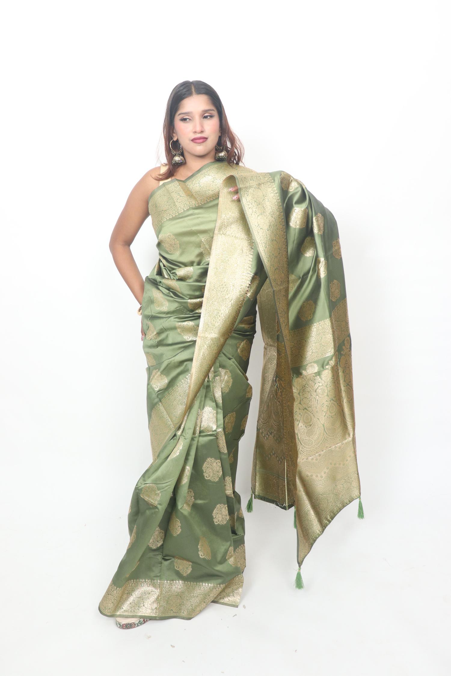 Sage Green Gold Brocade Saree