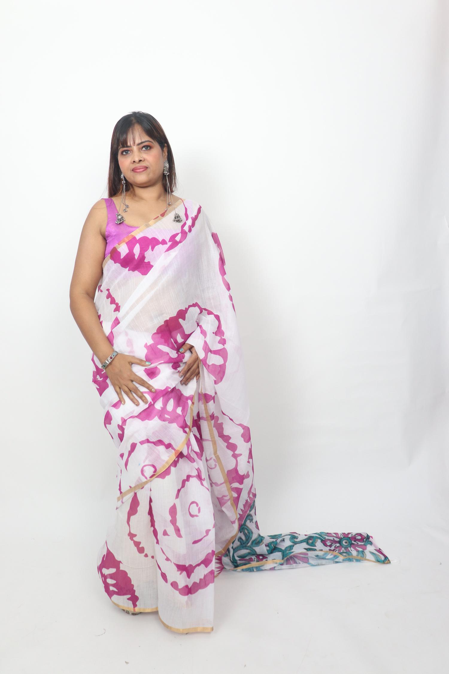 White Magenta Circular Print Saree