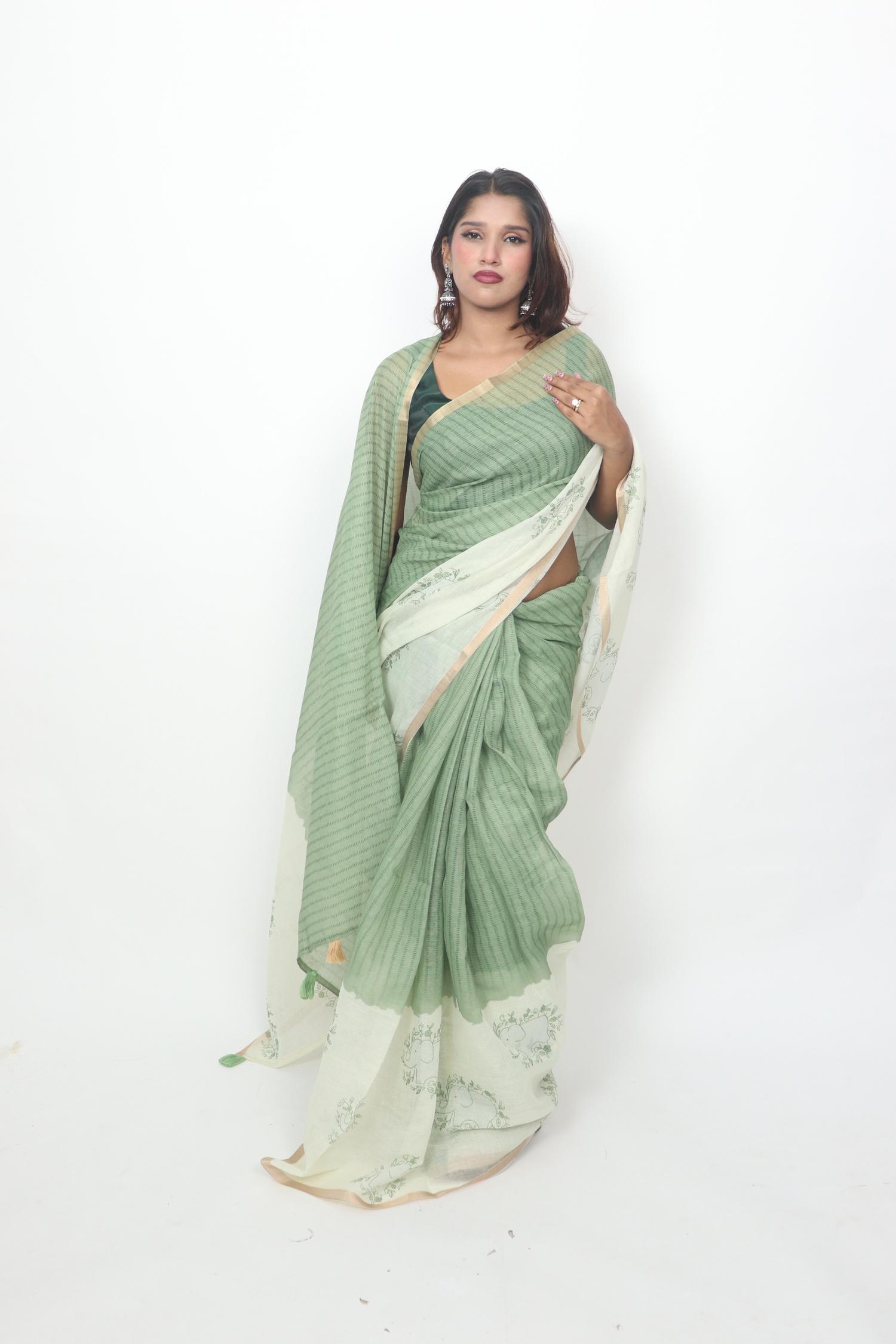 Sage Green Paisley Border Saree