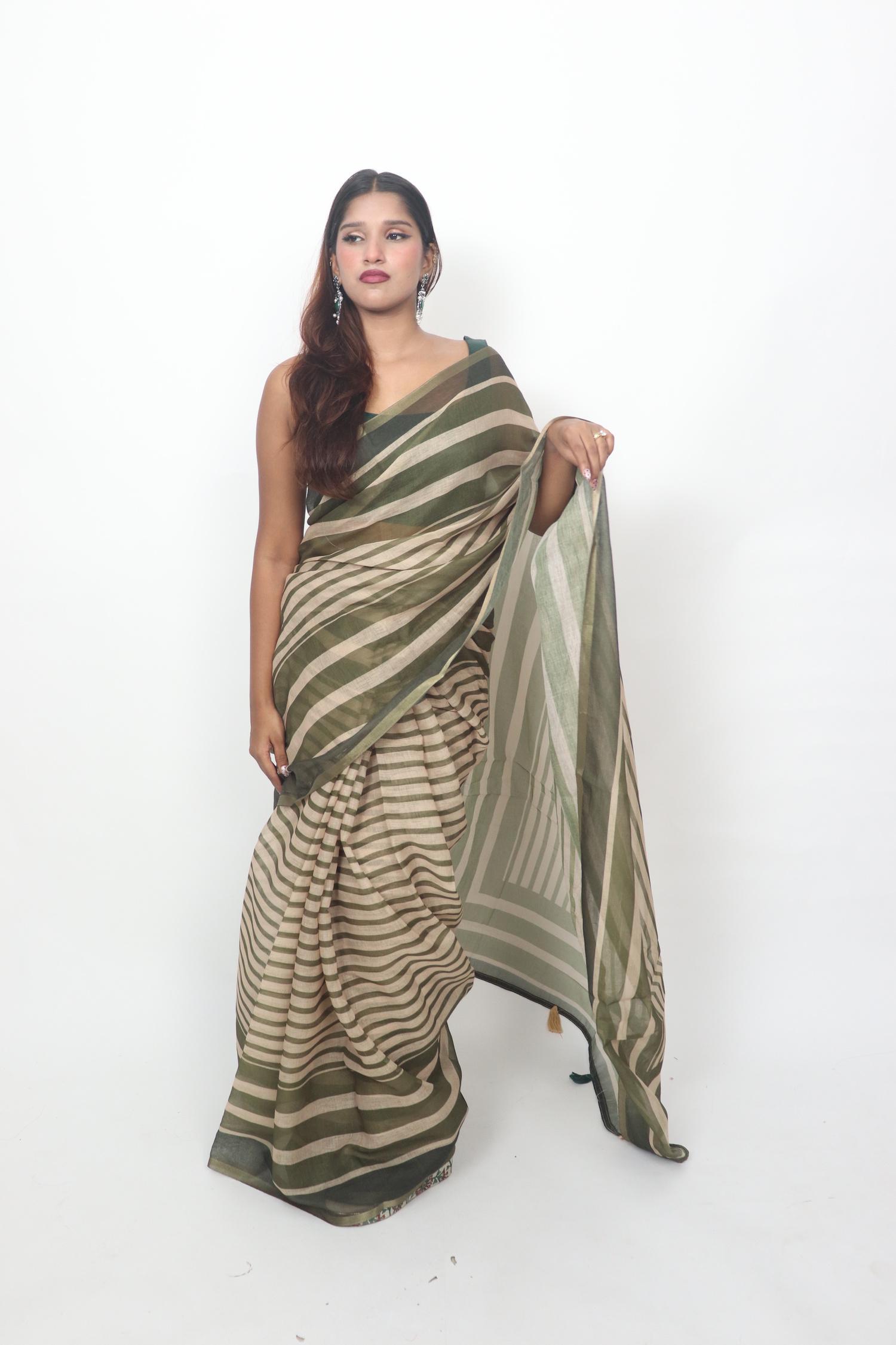 Olive Beige Striped Saree