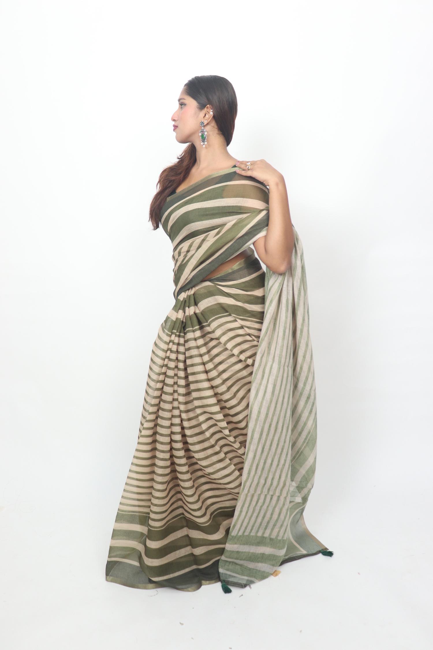 Olive Beige Striped Saree