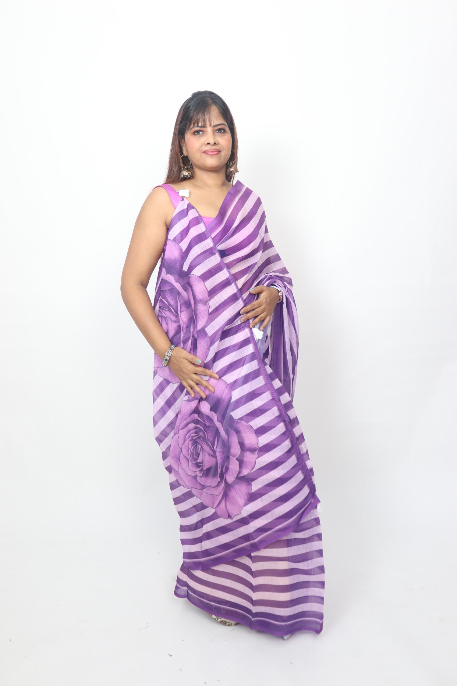 Purple Striped Rose Pallu Saree