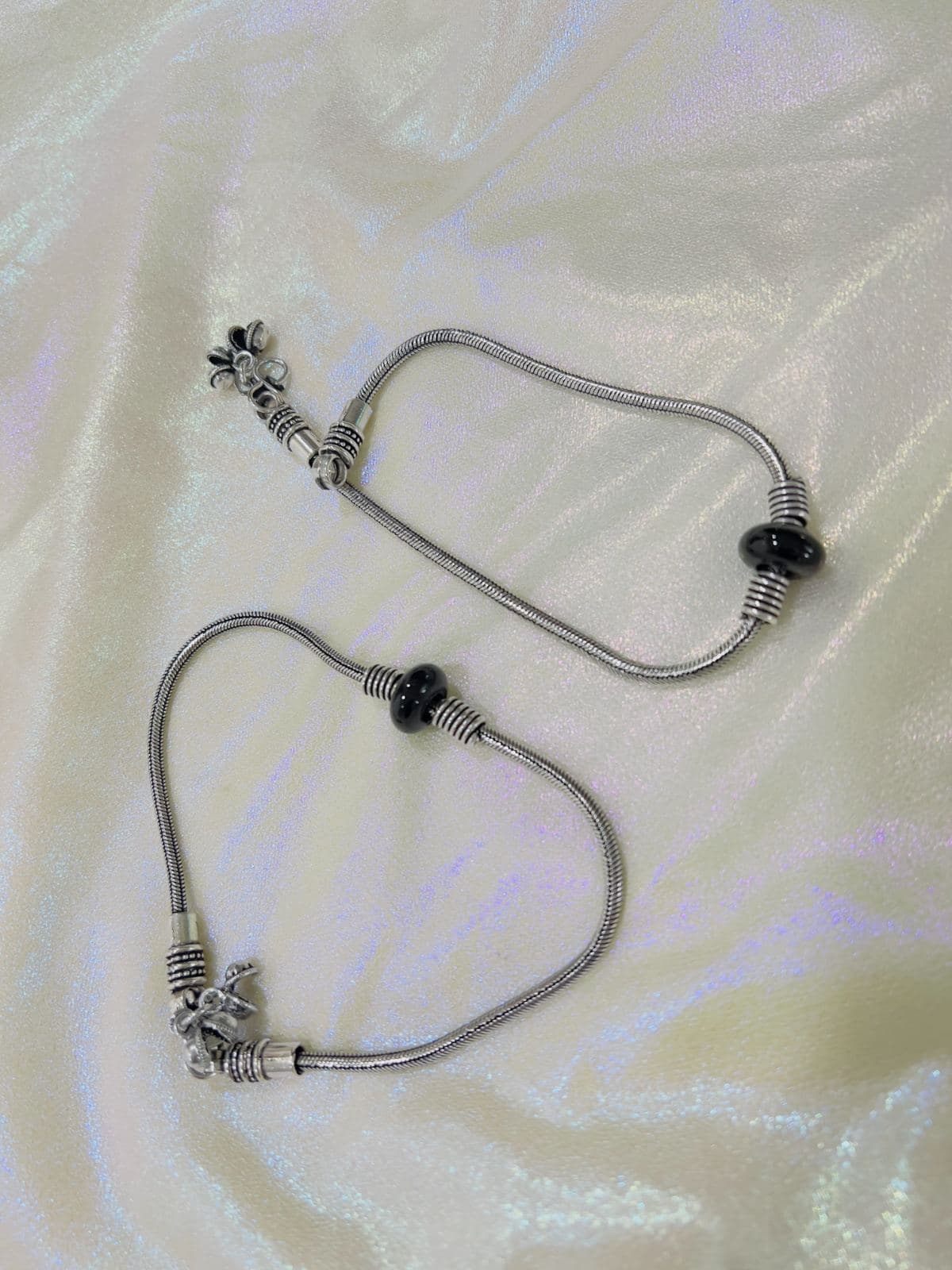 Oxidized Silver Anklet with Black Beads