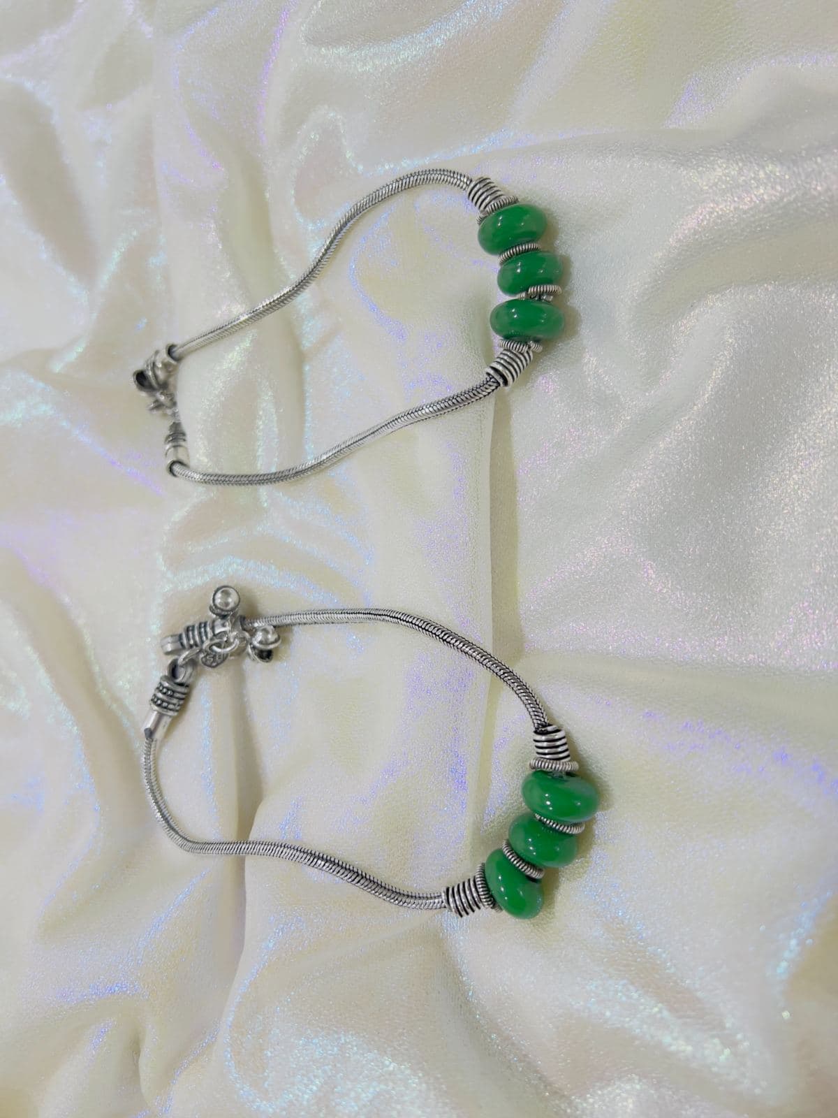 Oxidized Silver Anklet with Triple Green Beads