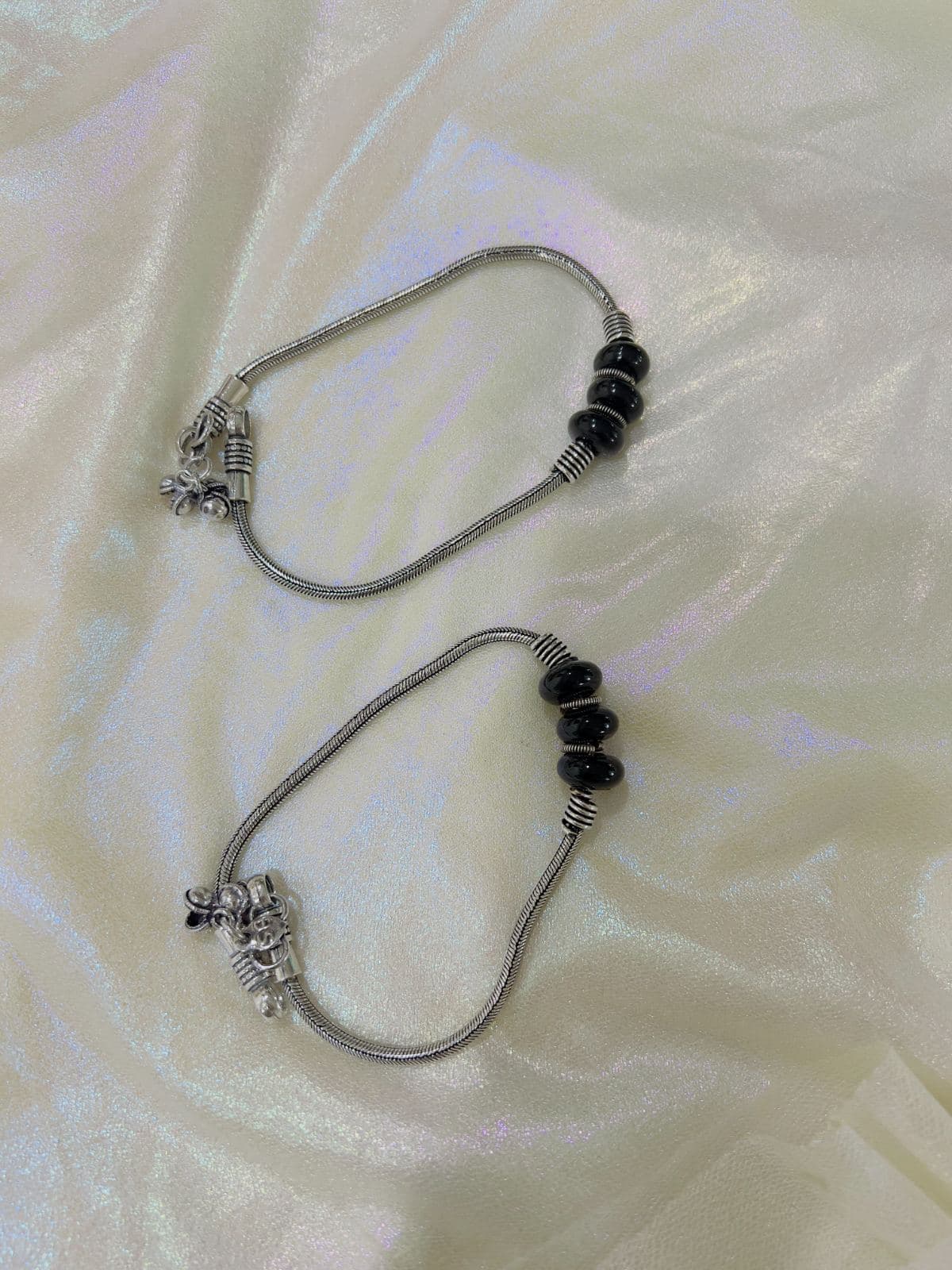 Oxidized Silver Anklet with Triple Black Beads