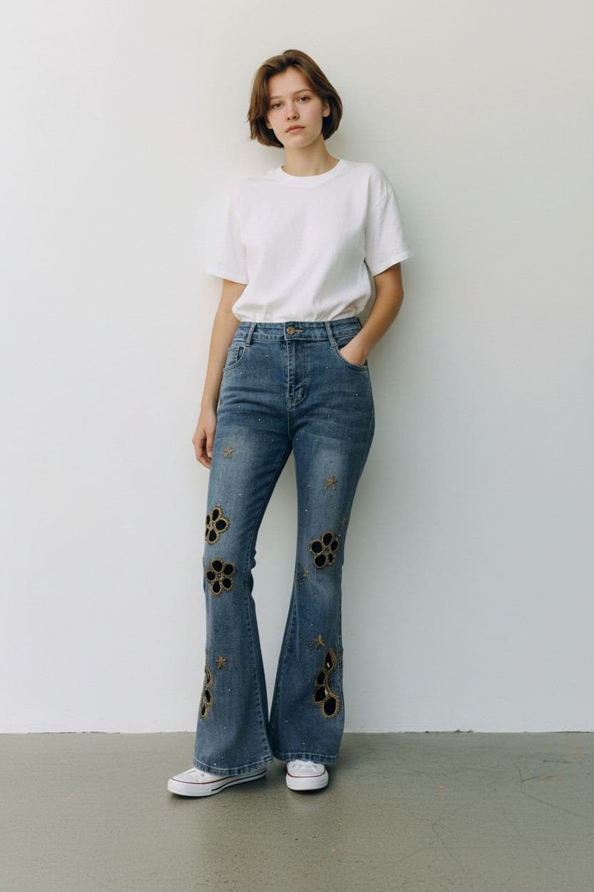 Gold Star & Cut-out Flare Jeans