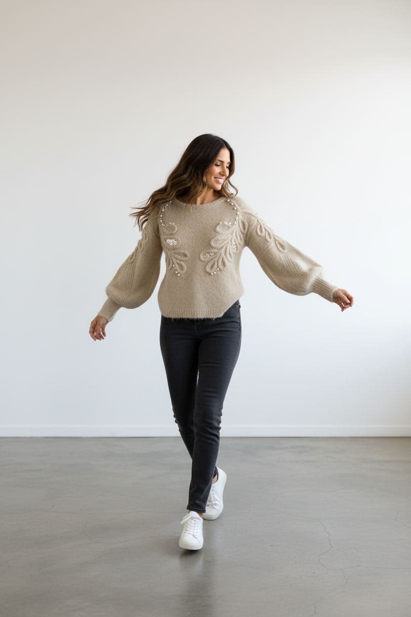 Pearl & Leaf Embroidered Puff Sleeve Sweater