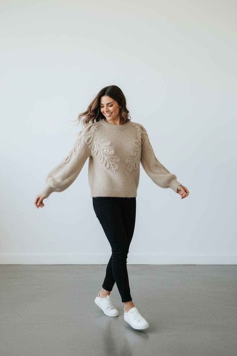 Pearl & Leaf Embroidered Puff Sleeve Sweater